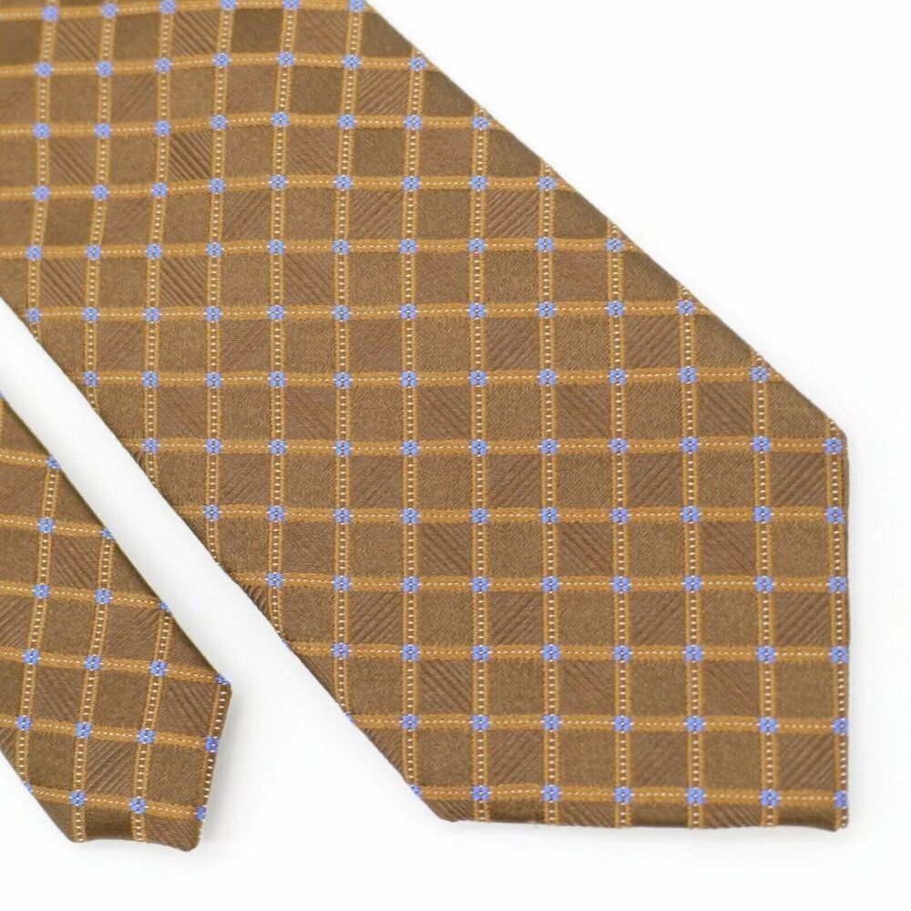 Jones New York Brown Blue Check Polka Dot Woven Silk Tie